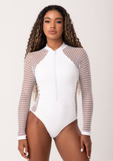 Body Fitness Feminino Branco Manga Longa Com Zíper New Age Dlk