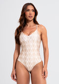 Maiô Decote V Com Alças Cruzadas Solaris Dlk Estampado Boho Chevron Dourado