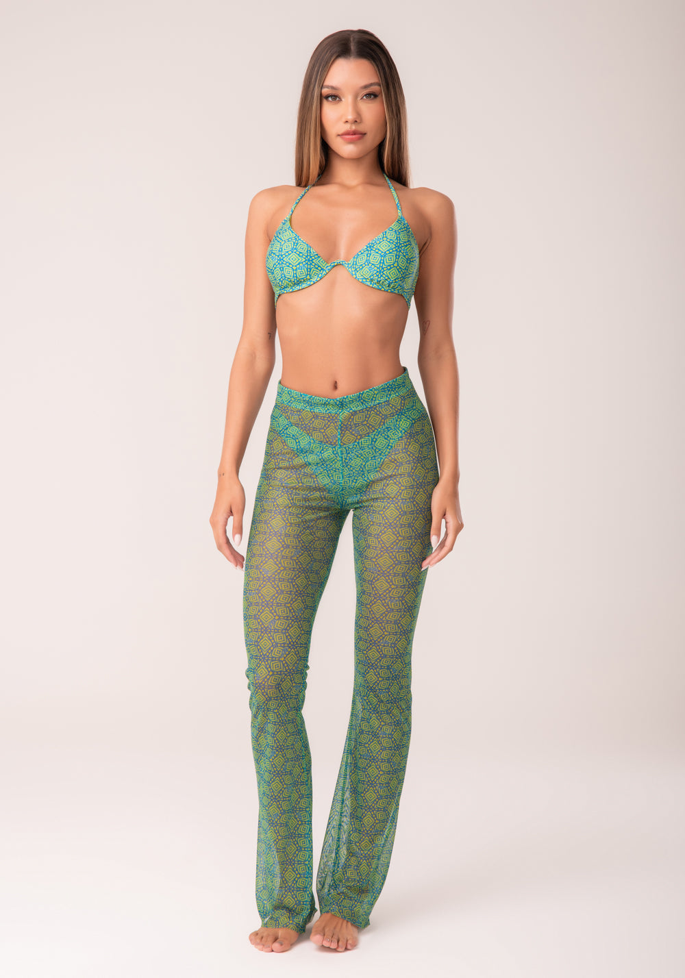 Calça Flare Feminina Tule Estampada Cestaria Verde Al Mare Dlk