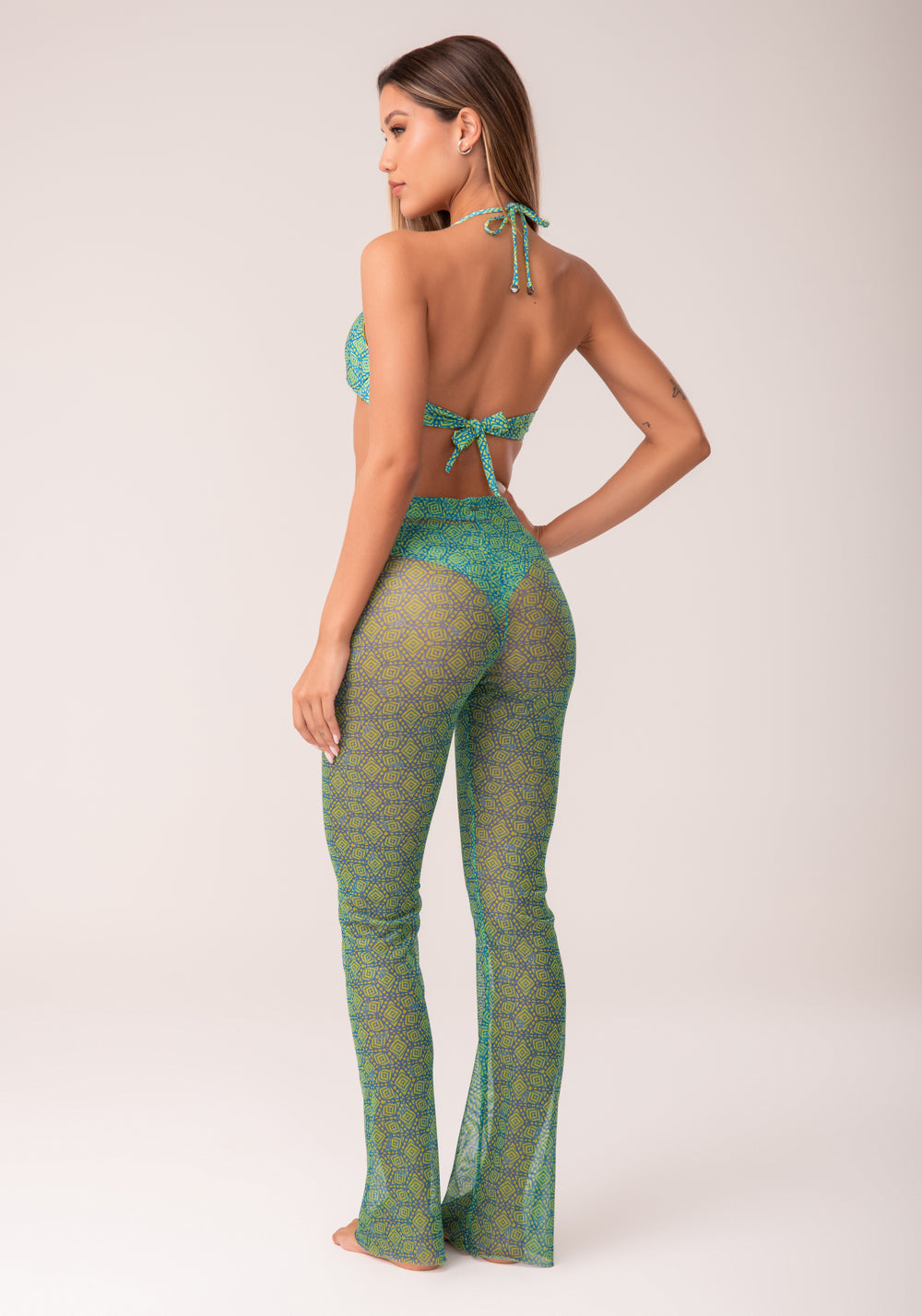 Calça Flare Feminina Tule Estampada Cestaria Verde Al Mare Dlk