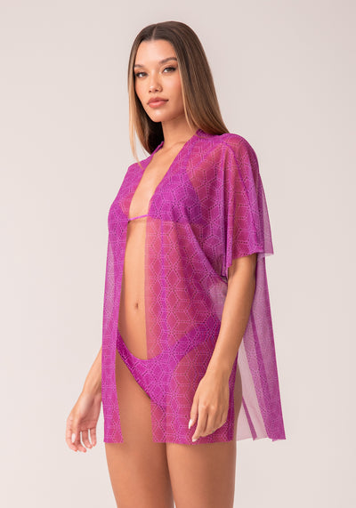 Kimono Tule Feminino Estampado Cestaria Rosa Al Mare Dlk