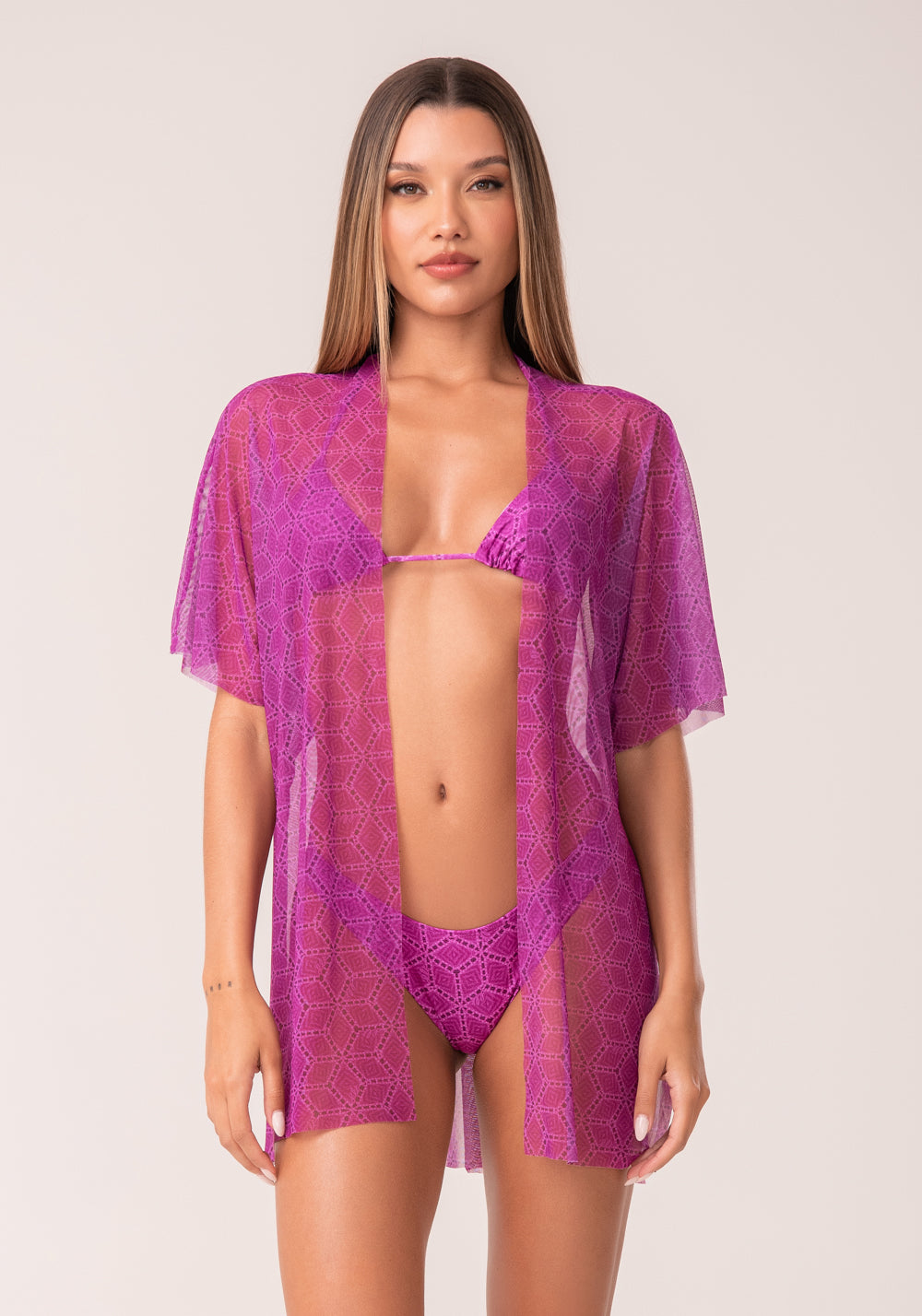 Kimono Tule Feminino Estampado Cestaria Rosa Al Mare Dlk