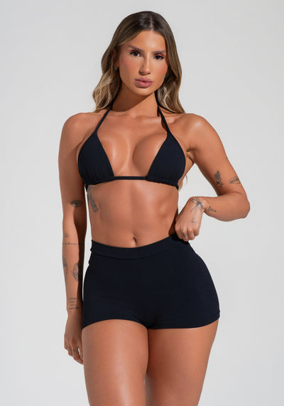 Short Feminino Curto Com Textura Solaris Dlk Preto