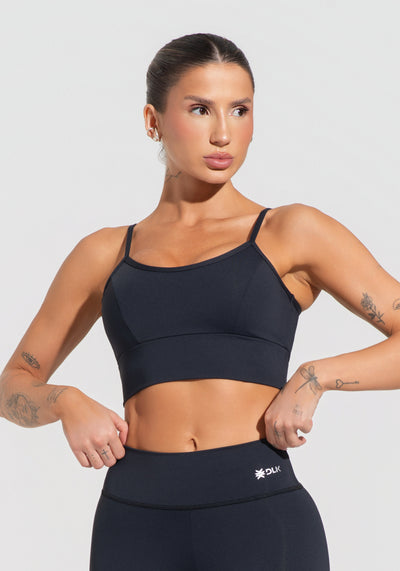 Top Fitness Feminino Preto Com Recortes E Bojo Básico Dlk