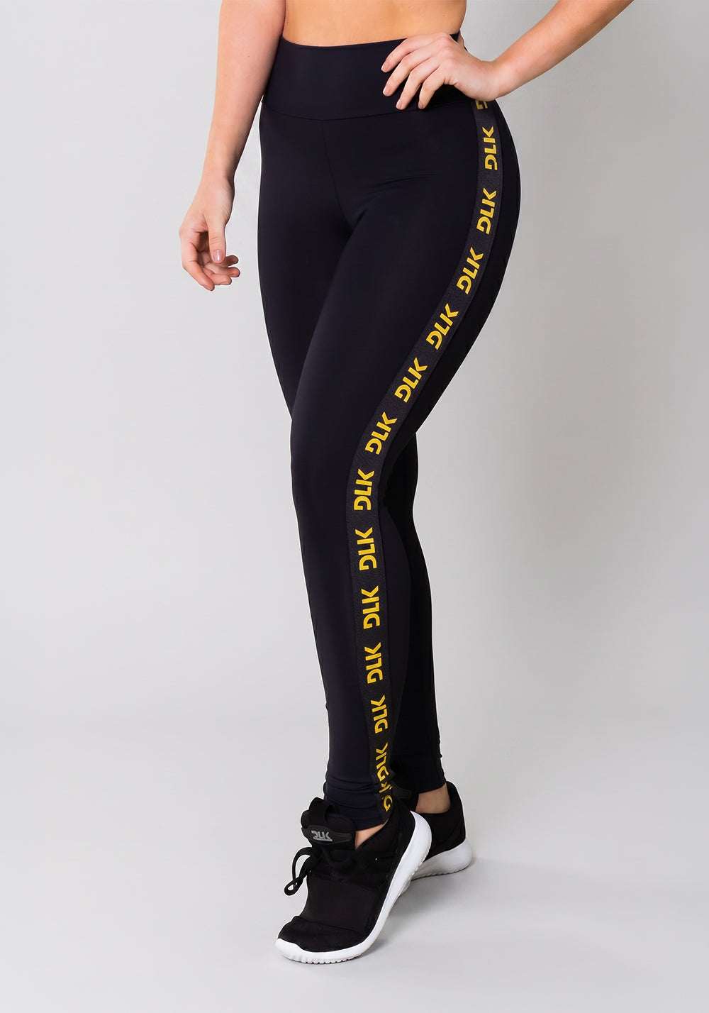 Calça Legging Energy Poliamida Preta Com Elástico Detalhe Amarelo Dlk