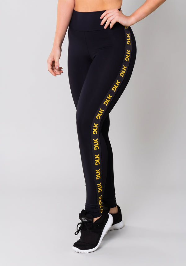 Calça Legging Energy Poliamida Preta Com Elástico Detalhe Amarelo Dlk
