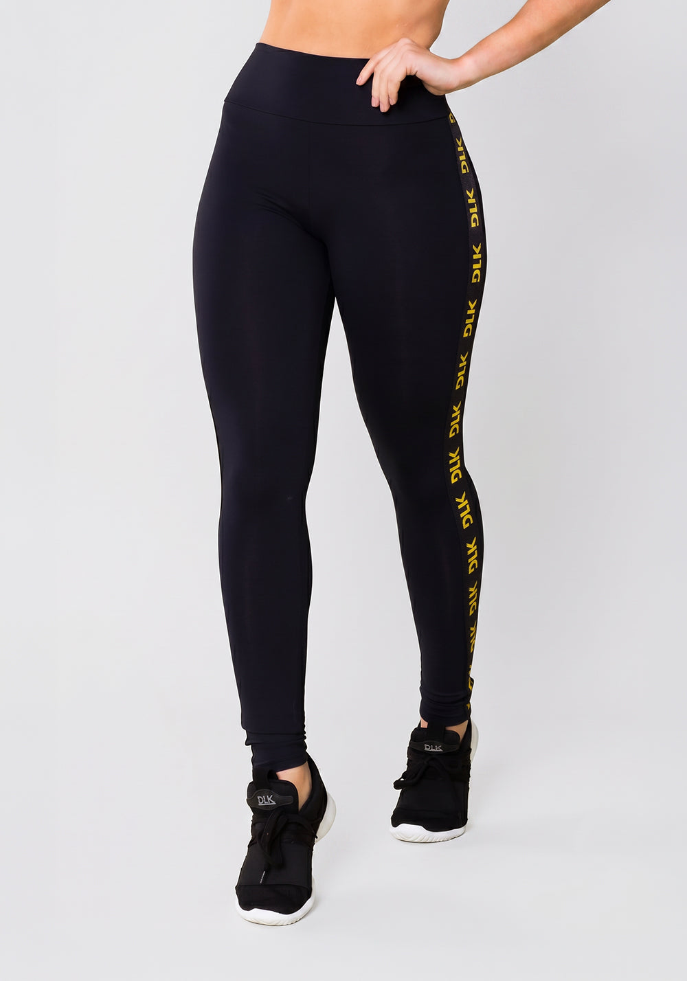 Calça Legging Energy Poliamida Preta Com Elástico Detalhe Amarelo Dlk