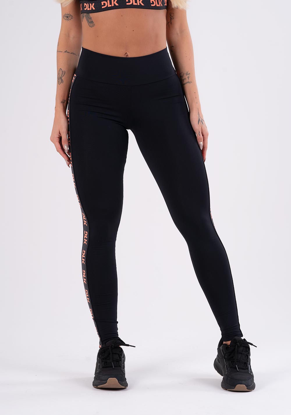 Calça Legging Energy Poliamida Preta Com Elástico Detalhe Laranja Dlk