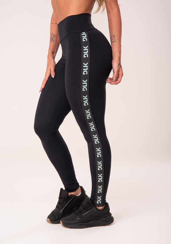 Calça Legging Energy Poliamida Preta Com Elástico Detalhe Azul Dlk