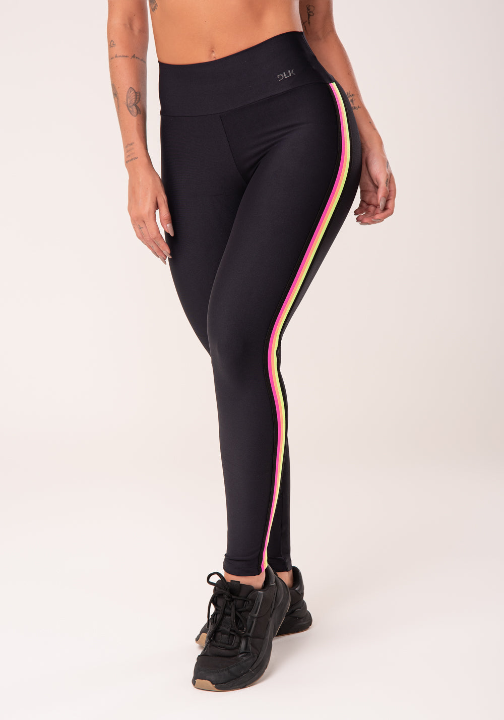 Calça Legging Energy Poliamida Preta Com Elástico Colorido Dlk