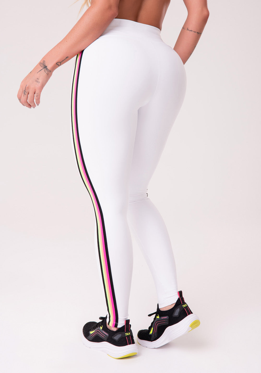 Calça Legging Energy Poliamida Branca Com Elástico Colorido Dlk
