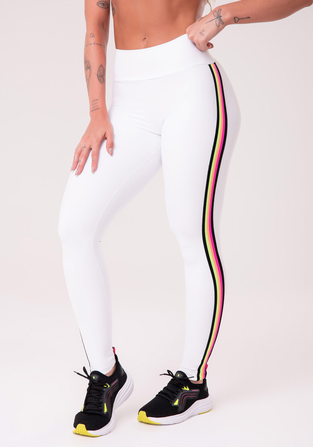 Calça Legging Energy Poliamida Branca Com Elástico Colorido Dlk