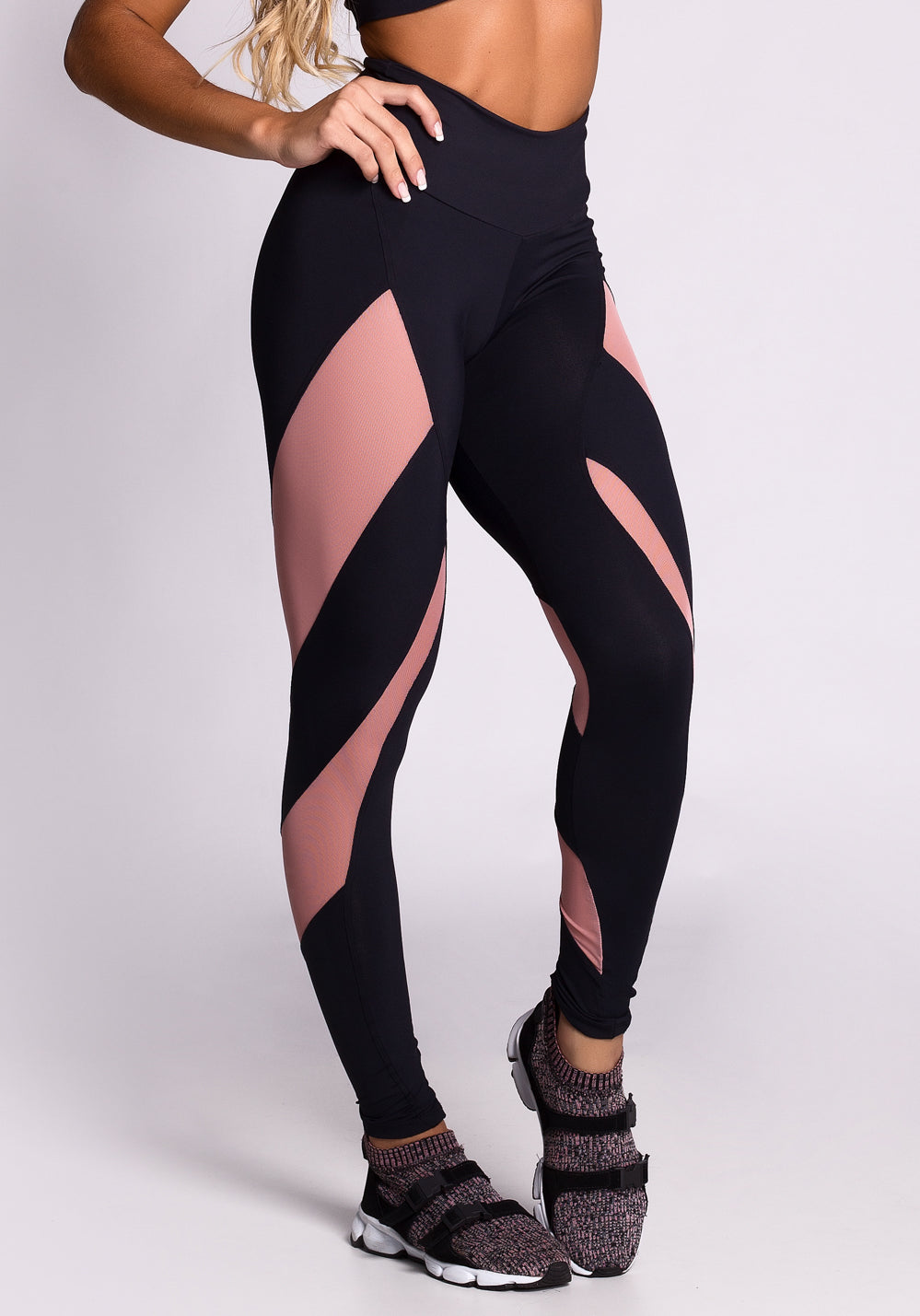 Calça Legging Poliamida Preta Com Tule Rosê