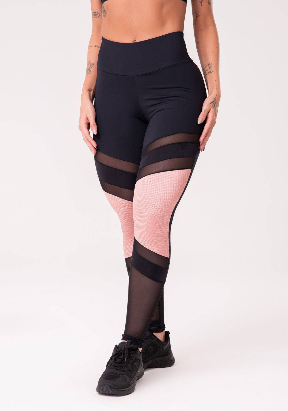 Calça Legging Poliamida Preta Com Tule E Textura Rosê Dlk