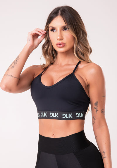 Top De Alcinha Com Elástico Na Base Preto Com Verde Dlk