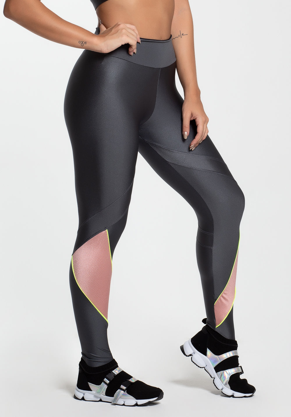 Calça Legging Metal Tex Grafite Com Rosê E Neon Dlk