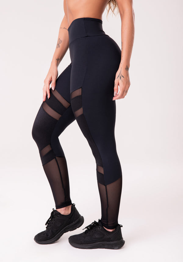 Calça Legging Poliamida Preta Com Textura E Tule Dlk
