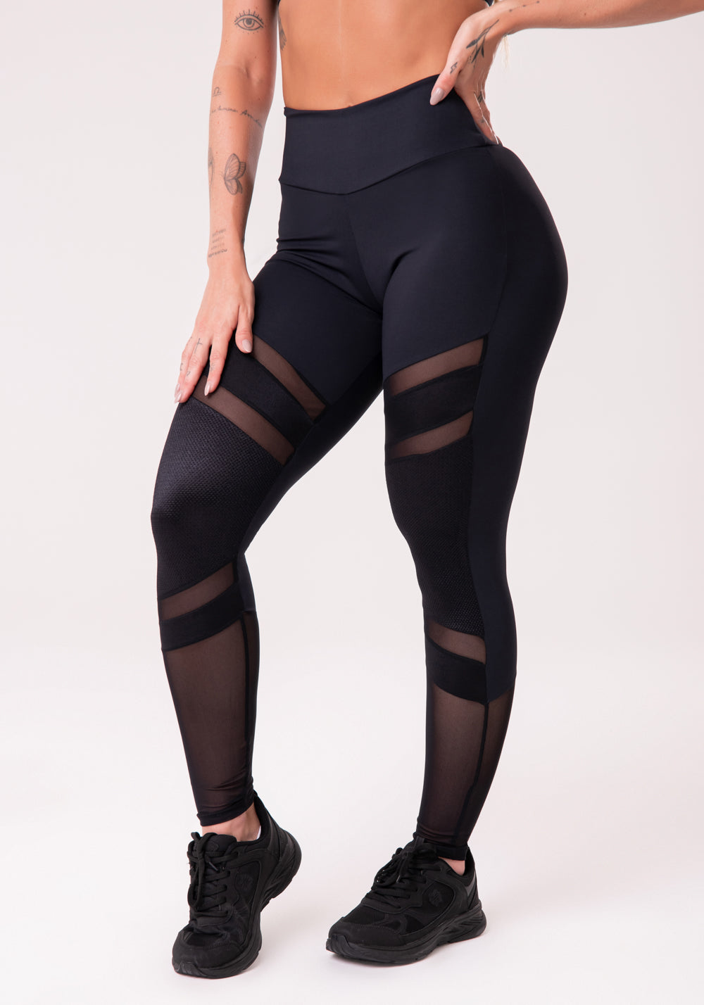 Calça Legging Poliamida Preta Com Textura E Tule Dlk