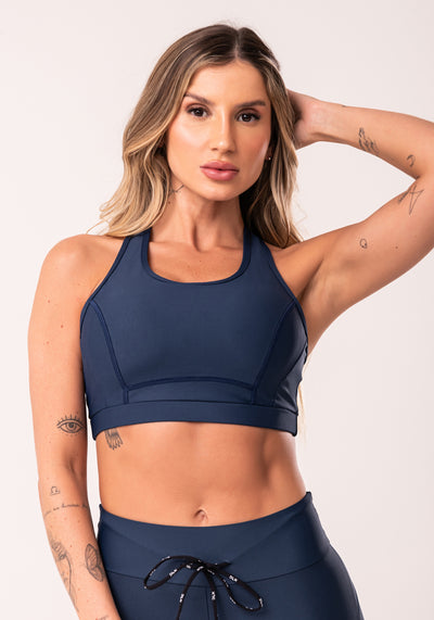 Top Fitness Azul Marinho Cruzado Com Bojo Removível Dlk