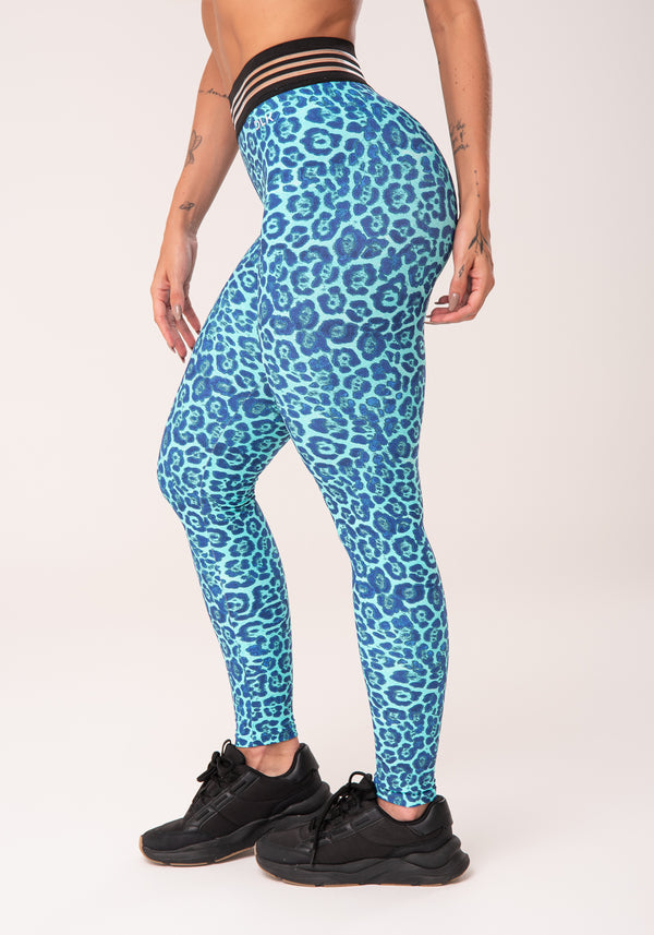 Calça Legging Wild Com Elástico Estampada Onça Azul Dlk