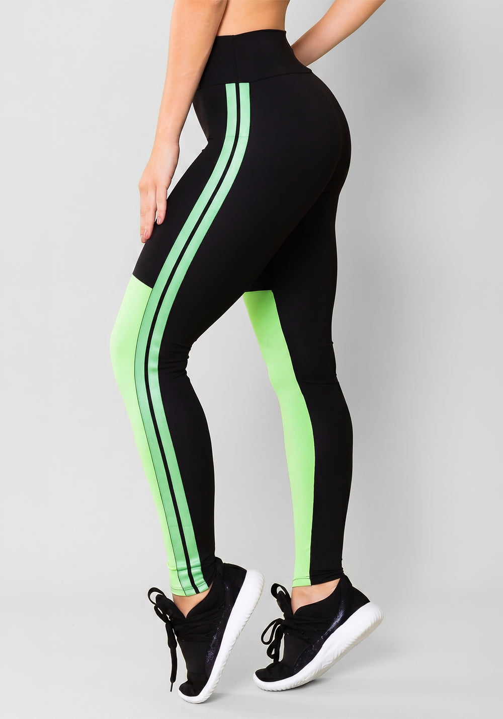 Calça Legging Energy Preta Com Recorte E Elástico Verde Dlk