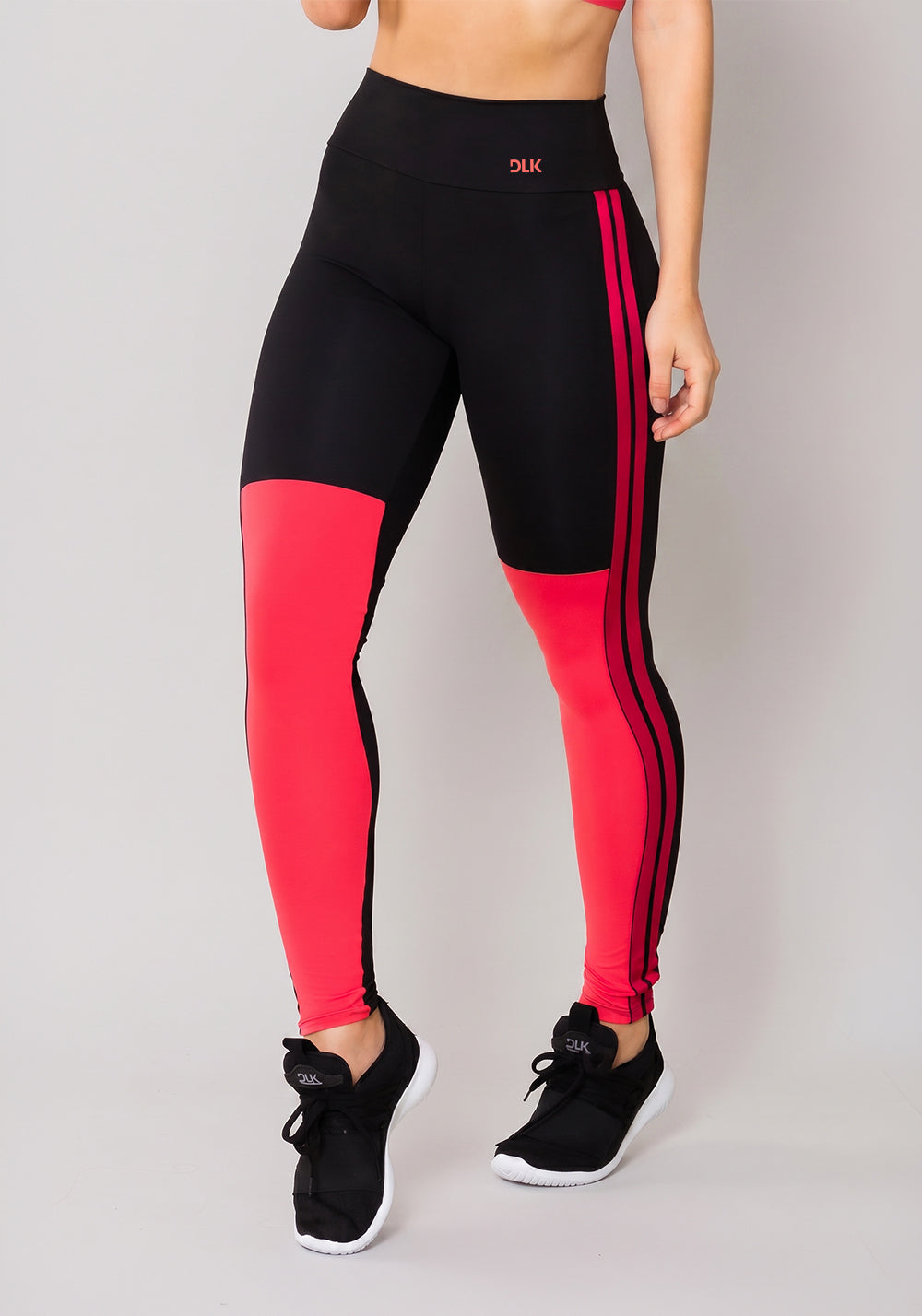 Calça Legging Energy Preta Com Recorte E Elástico Rosa Dlk