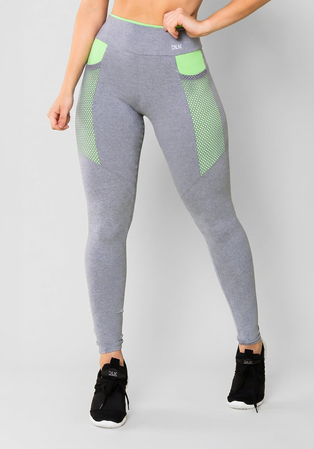 Calça Legging Energy Mescla Com Recorte Verde E Tela Dlk