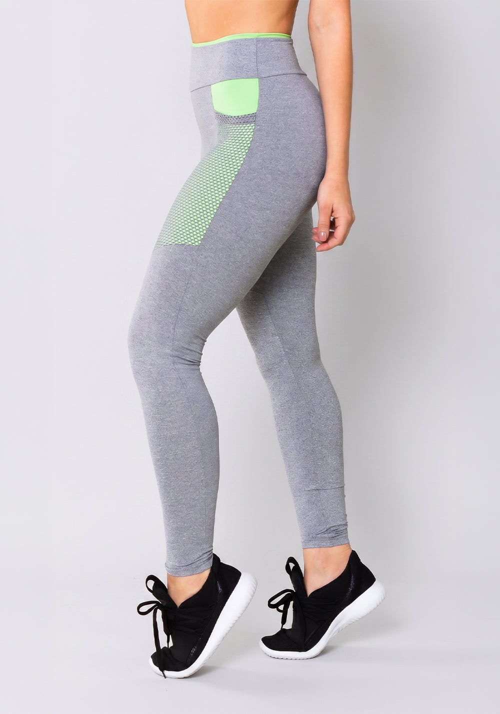 Calça Legging Energy Mescla Com Recorte Verde E Tela Dlk