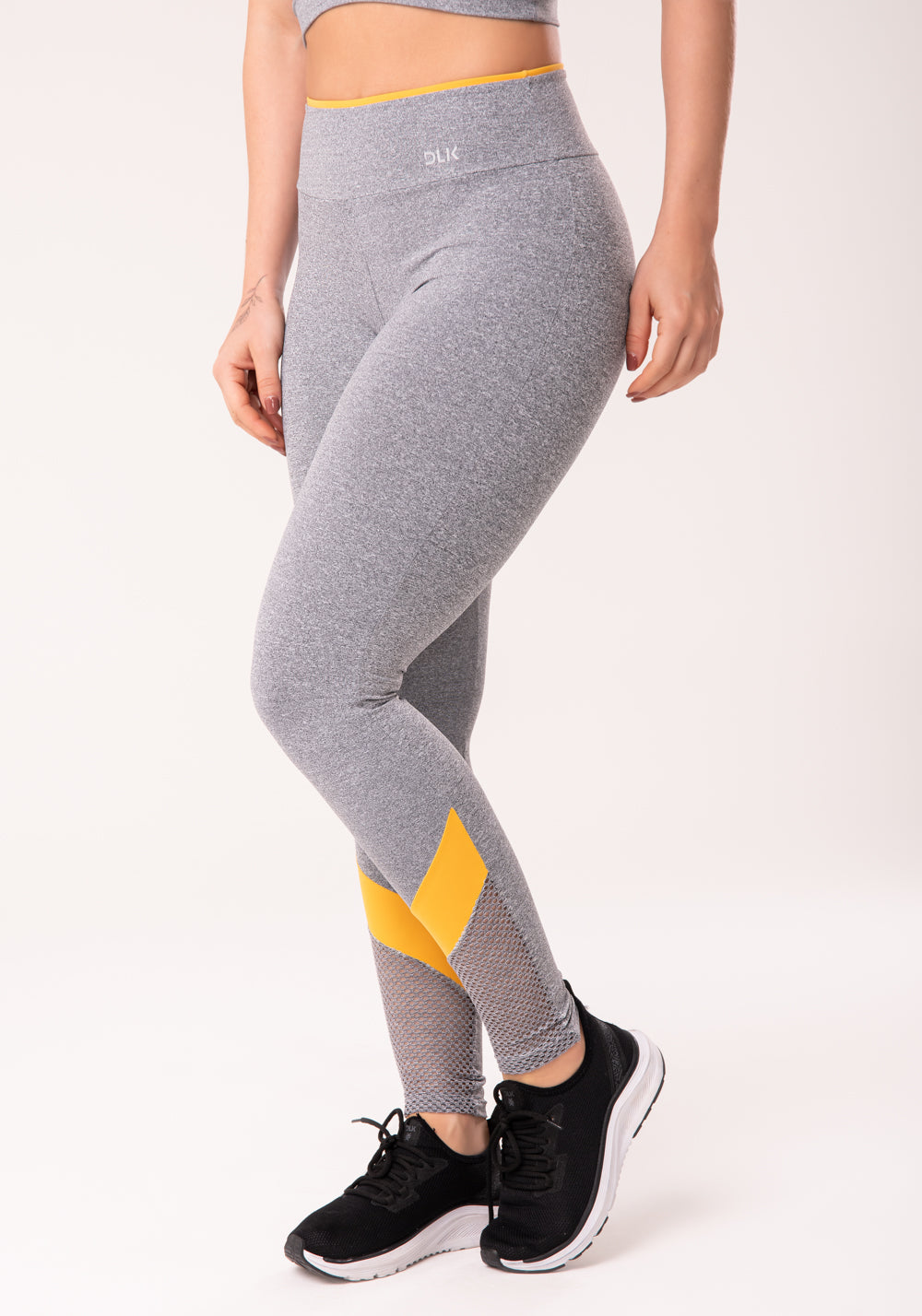Calça Legging Energy Mescla Com Tela E Recorte Amarelo Dlk