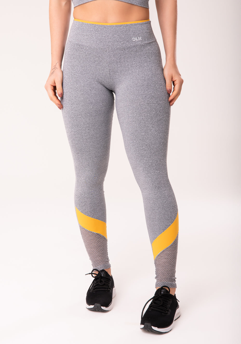 Calça Legging Energy Mescla Com Tela E Recorte Amarelo Dlk