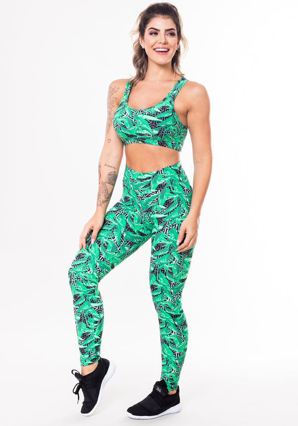 Conjunto Fitness Match Poliamida Estampado Geométrico E Folhagem (top+calça) Dlk