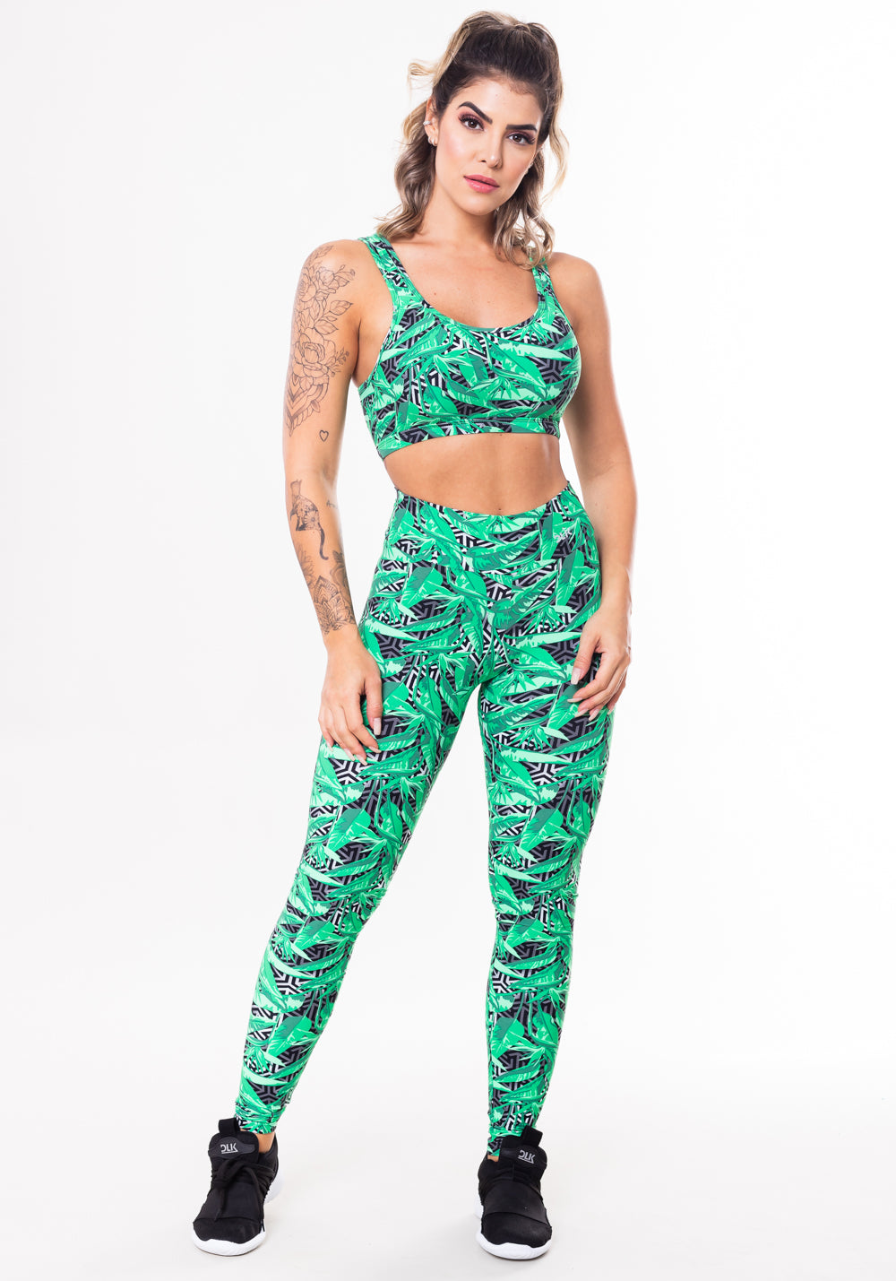 Conjunto Fitness Match Poliamida Estampado Geométrico E Folhagem (top+calça) Dlk