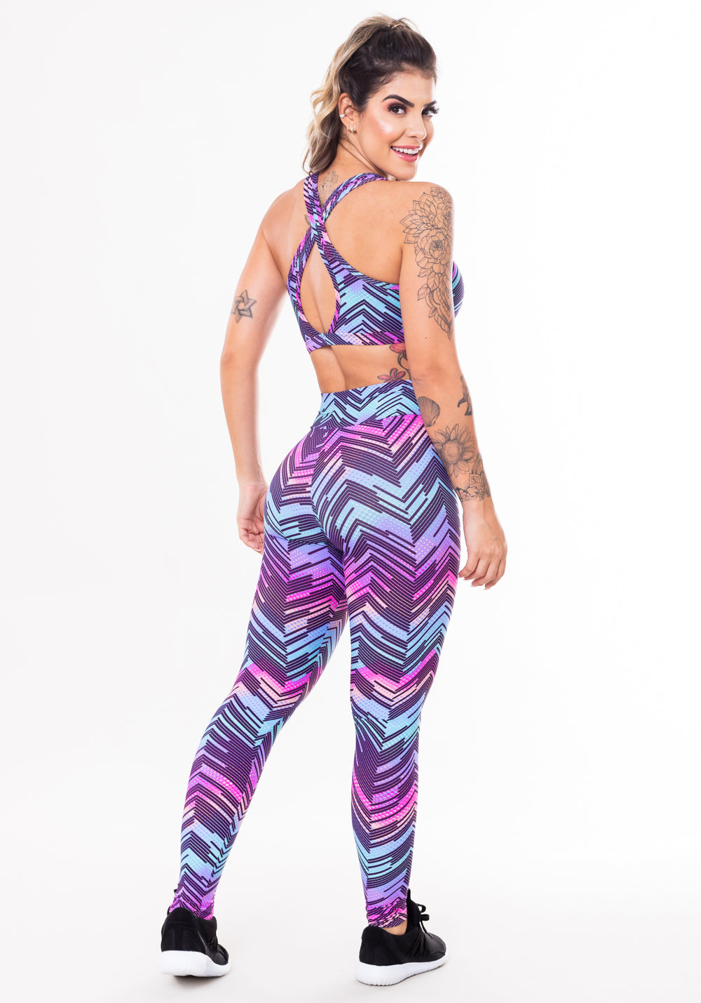 Conjunto Fitness Match Poliamida Estampado Zig Zag Roxo (top+calça) Dlk