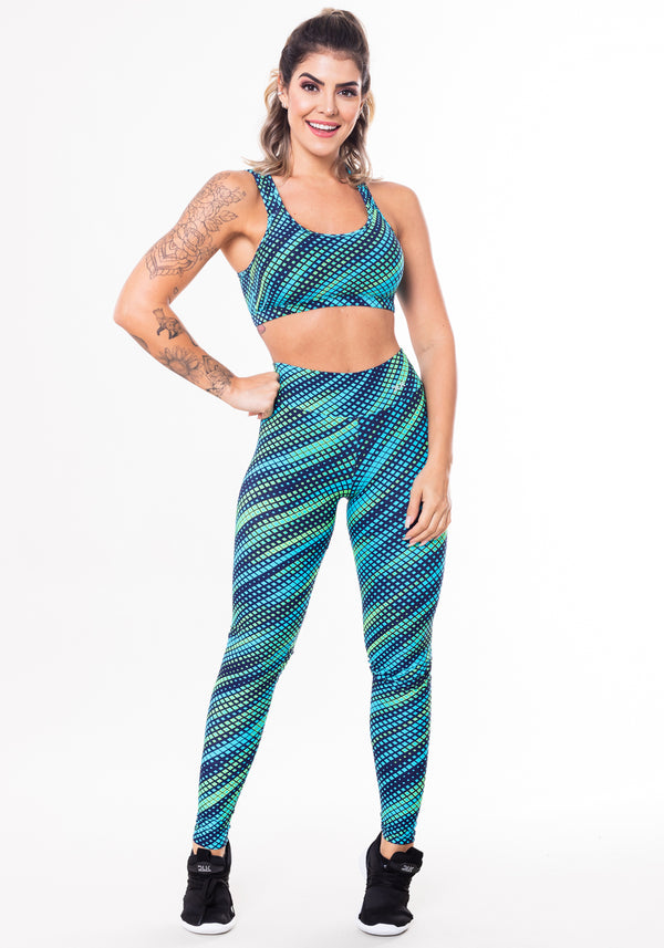 Conjunto Fitness Match Poliamida Estampado Pixels Azul E Verde (top+calça) Dlk