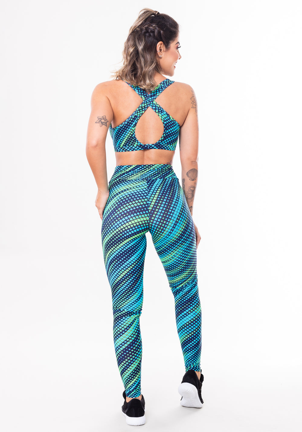 Conjunto Fitness Match Poliamida Estampado Pixels Azul E Verde (top+calça) Dlk