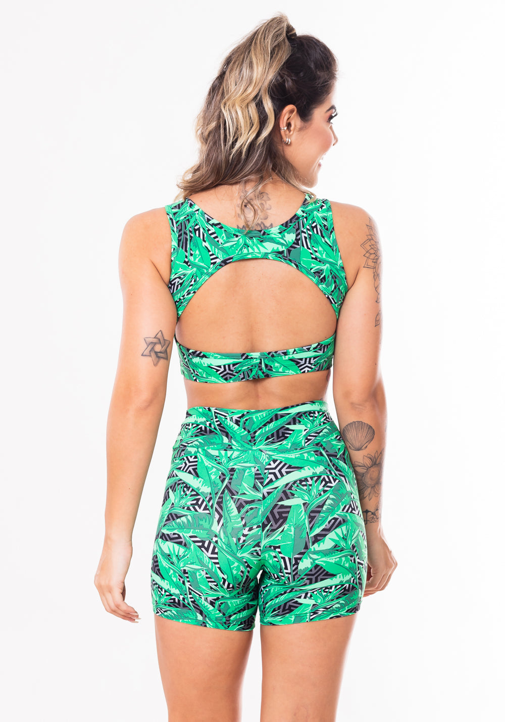 Conjunto Fitness Match Poliamida Estampada Geométrico E Folhagem (short+top) Dlk