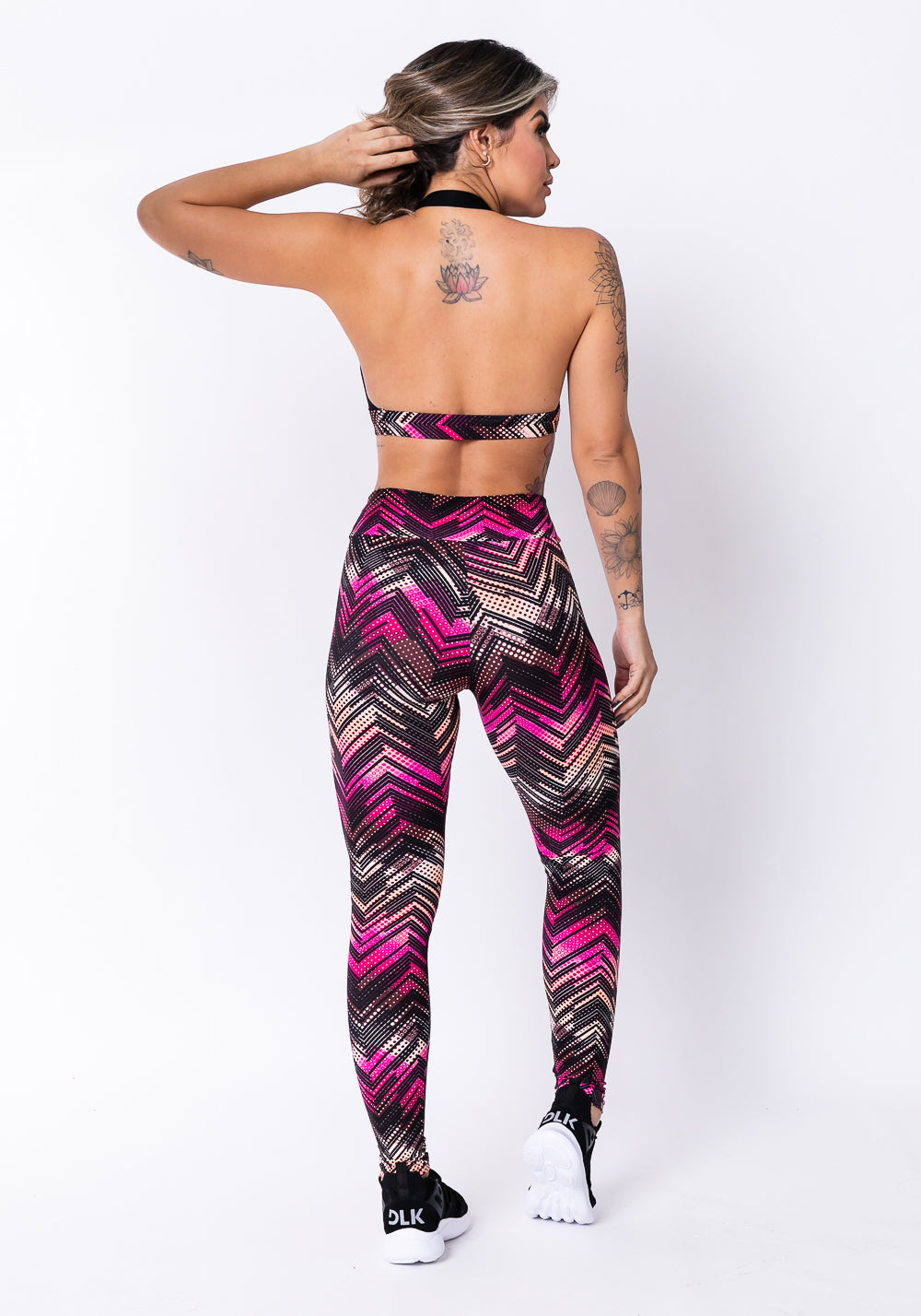 Conjunto Fitness Match Poliamida Estampada Zig Zag Rosa (top+calça) Dlk