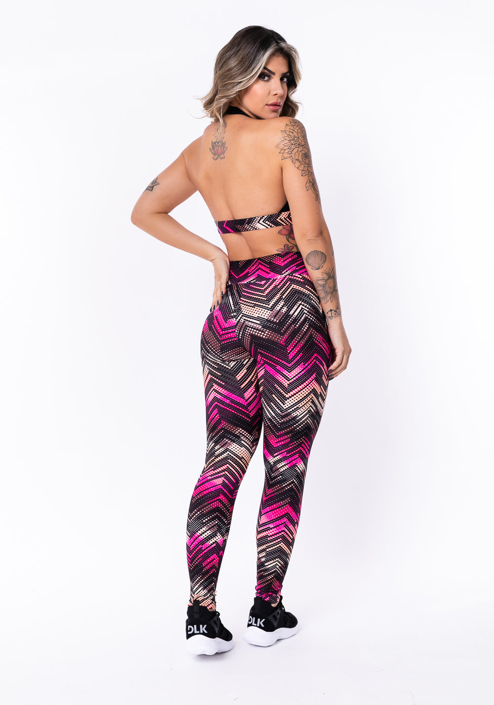 Conjunto Fitness Match Poliamida Estampada Zig Zag Rosa (top+calça) Dlk