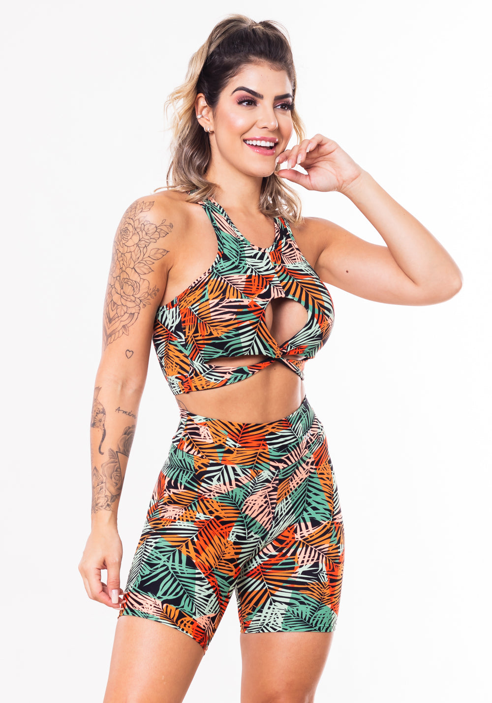 Conjunto Fitness Match Poliamida Estampada Folhagem Laranja (short+top) Dlk