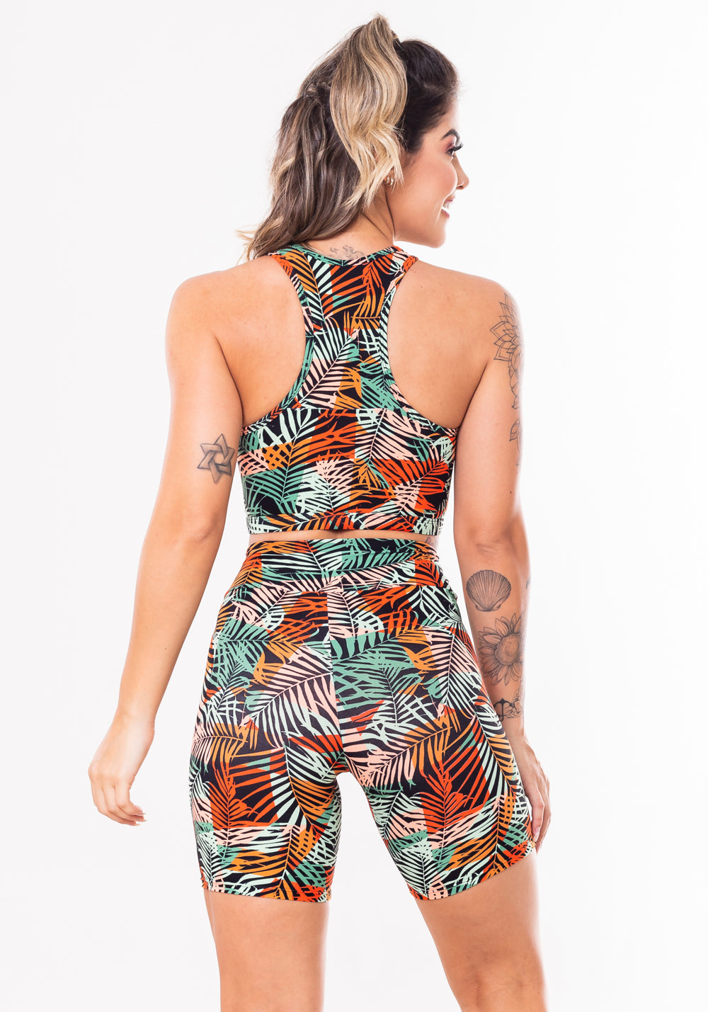Conjunto Fitness Match Poliamida Estampada Folhagem Laranja (short+top) Dlk