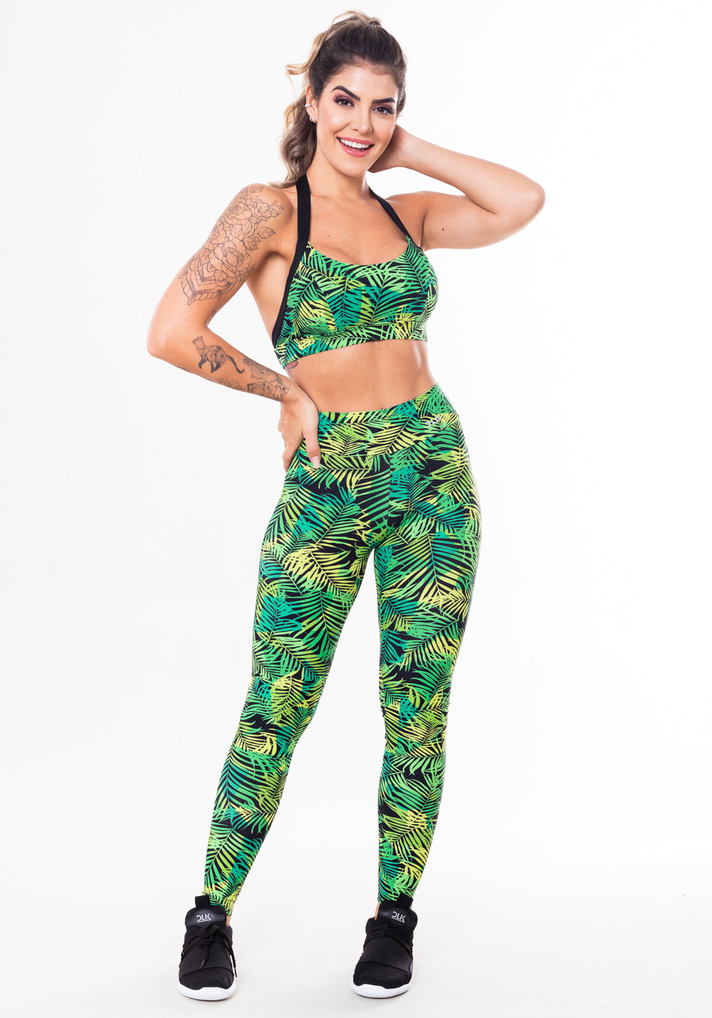 Conjunto Fitness Match Poliamida Estampada Folhagem Verde (top+calça) Dlk