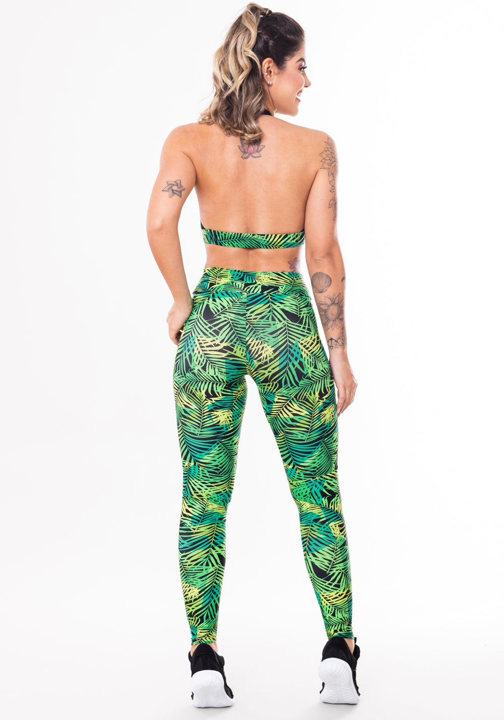 Conjunto Fitness Match Poliamida Estampada Folhagem Verde (top+calça) Dlk