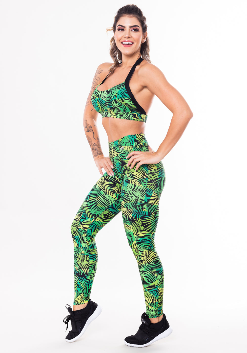 Conjunto Fitness Match Poliamida Estampada Folhagem Verde (top+calça) Dlk
