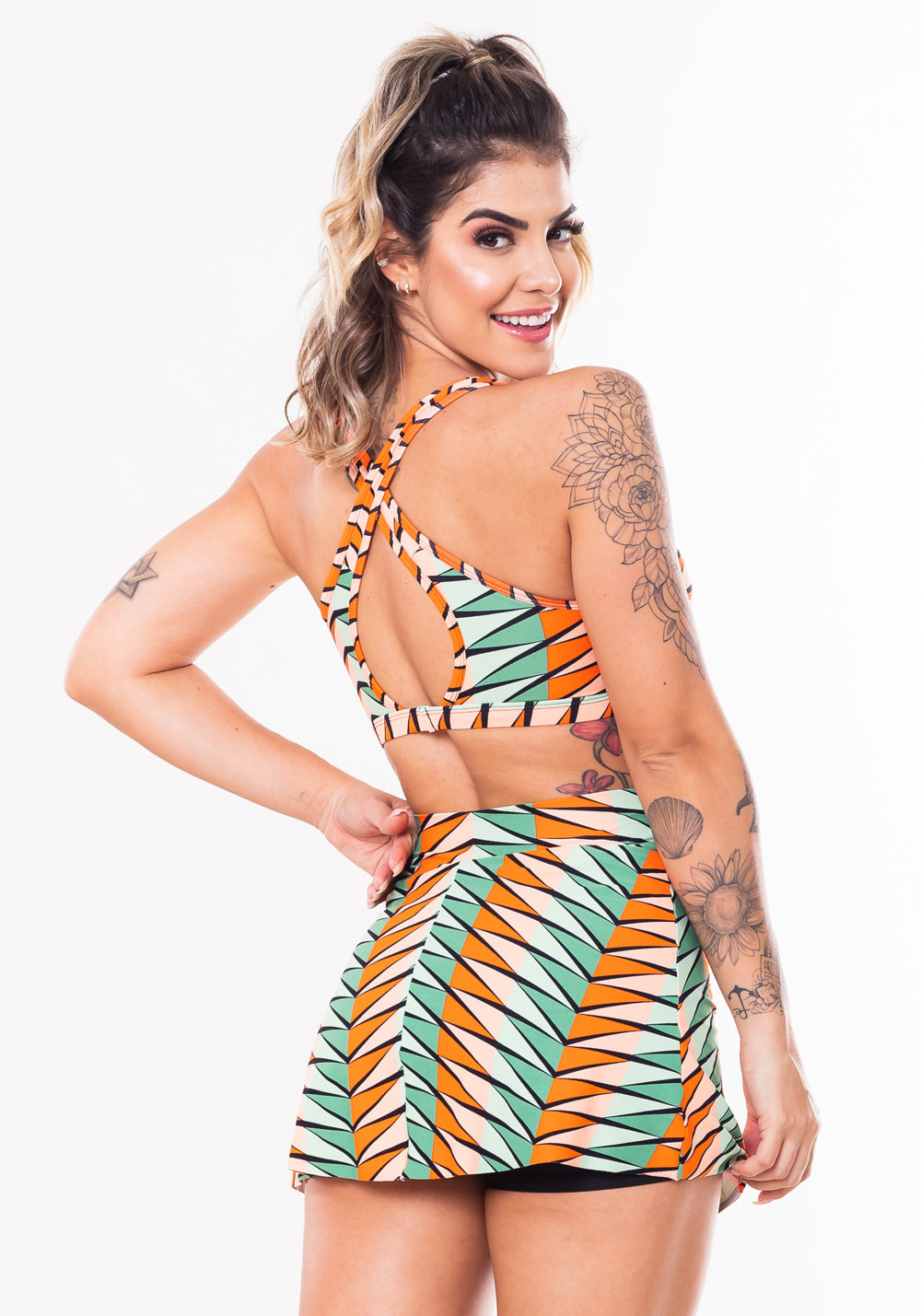 Conjunto Fitness Match Poliamida Estampado Afro Laranja(top+short Saia) Dlk