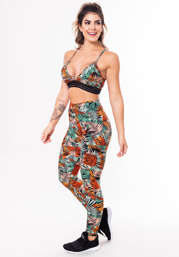 Conjunto Fitness Match Poliamida Estampada Folhagem Laranja (top+calça) Dlk