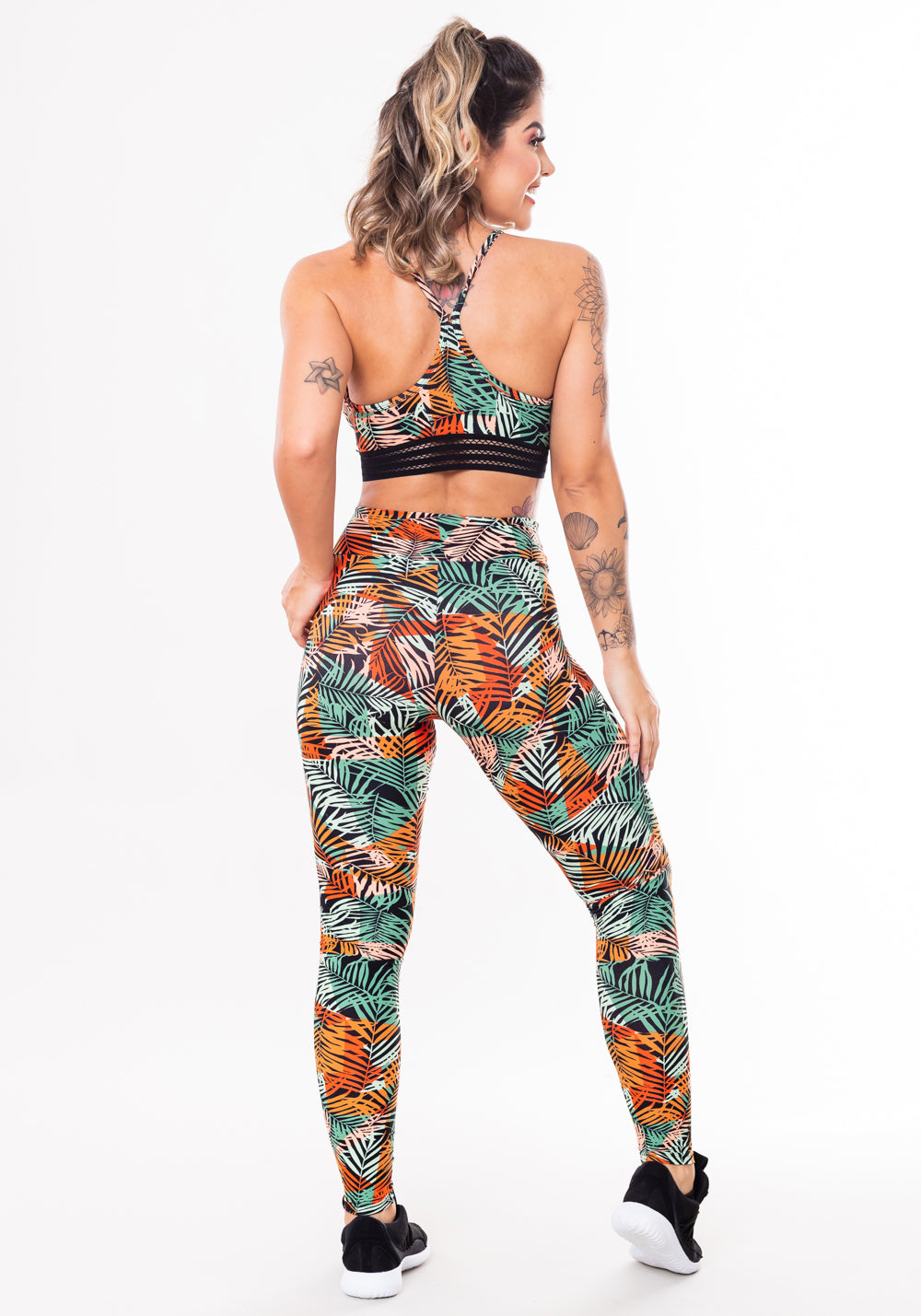 Conjunto Fitness Match Poliamida Estampada Folhagem Laranja (top+calça) Dlk