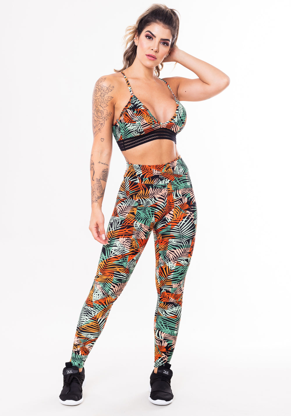 Conjunto Fitness Match Poliamida Estampada Folhagem Laranja (top+calça) Dlk