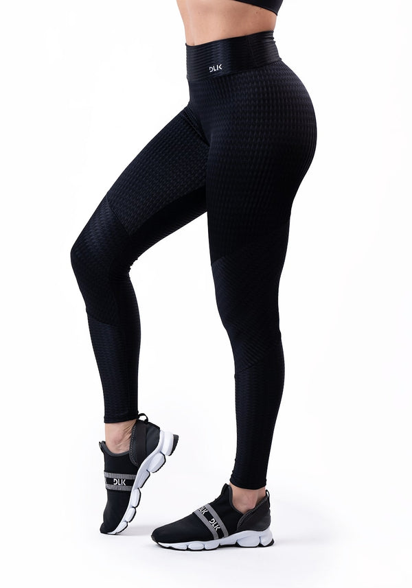 Calça Legging Happiness Com Recortes Texturizada Preta Dlk