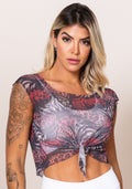 Cropped Printed Com Amarração Frontal Folhagem Colorida Dlk