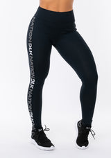 Calça Legging Nation Com Elástico Lateral Preto E Prata Dlk